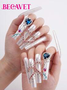 BEGAVET 全新春夏系列婚礼指甲镀铬风格 10 件装手工沙龙品质美甲按压指甲超长独家设计 3D 指甲带 3D 饰品，适合新年派对/音乐节和日常佩戴
