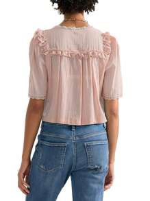 Women Short Sleeve Shirts Lace Ruffles Buttons Blouses Summer Loose Casual Tops - 粉色 - 查看 5