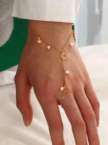 1pc Girls Star & Moon Beaded Finger Hand Chain Bracelet & Ring Set - Gold - View 6
