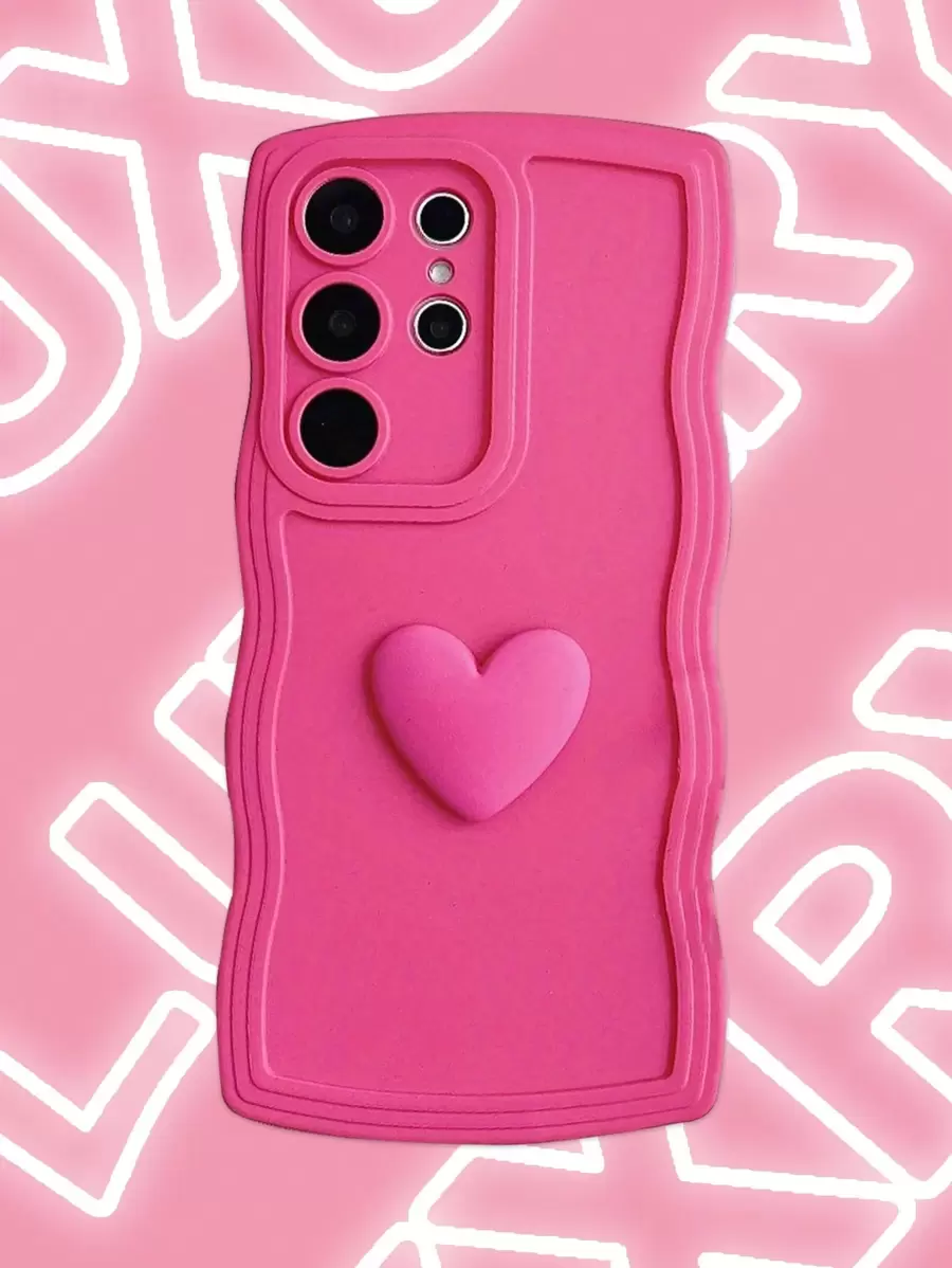 Pink Cute 3D Heart Curly Wave Frame Case Compatible With Samsung Galaxy S24 S25 Ultra S23 Plus S22 Ultra Solid Color Soft Silicone Cover