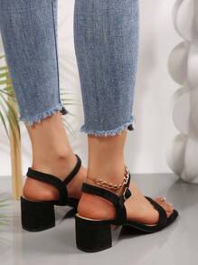 1 双时尚系带粗跟女式凉鞋，纯色露趾，简约优雅，植绒鞋跟，欧美风格 - 黑色 - 查看 5