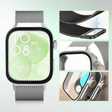 Estuche de vidrio + Pulsera de bucle milanés compatible con Huawei Watch Fit 3 Brazalete magnético de acero inoxidable compatible con Huawei Watch Fit 3 Protector de pantalla Estuche