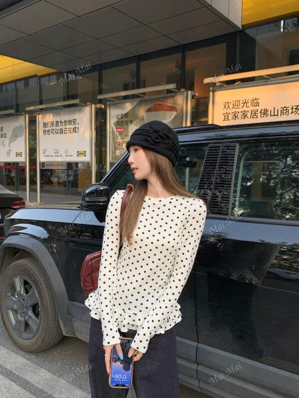 Women's Sweet Style White Polka Dot Long Sleeve T-Shirt, Ruffled Hem, Slim Fit Lightweight Base Layer Top, Spring Apparel
