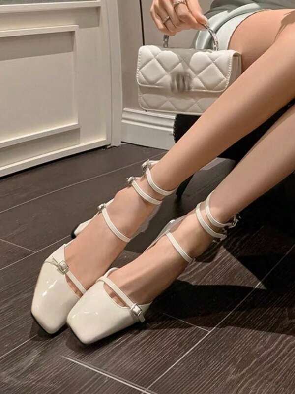 French Gorgeous Silver Mary Jane High Heels, Retro Square Toe Lace-Up Thick Heel Sandals