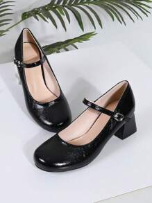 [Pantofi de modă pentru femei] Toc Mary Jane cu vârf rotund - Pantofi cu platformă cu curele la gleznă din piele lucioasă, cu talpă din cauciuc anti-alunecare (Pantofi Mary Jane cu toc gros cu vârf rotund nou sosire), pantofi de balet cu toc înalt de modă pentru femei, pantofi de balet cu toc înalt burgundy, pantofi de vacanță cu curea cu cataramă, pantofi rotunji pentru petrecere, exclusivi, pentru femei. Sandale roșii cu toc înalt fără spate - Negru - Vizualizare 4