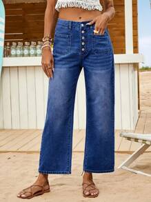 New Women's Jeans Buttoned Elastic Loose Denim Cropped Pants