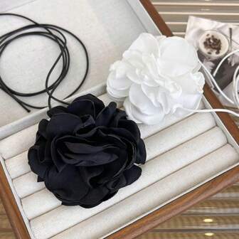 1st Tvåfärgad 3D Flower Tie Halsband, Rose Flower Choker Halsband Halsband för kvinnor