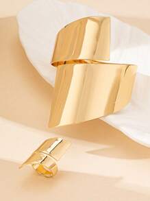 Set de 2 piezas de pulsera y anillo geométrico asimétrico de metal dorado, de estilo vintage, elegante y de moda, adecuado como regalo para fiestas, banquetes y uso diario