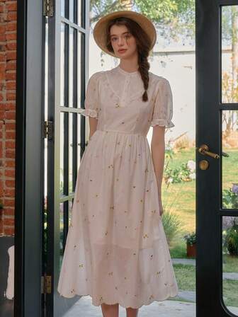 Simple Retro Women's Spring/Summer Color-Block Stand Collar Full Embroidery Floral White Romantic Elegant Vintage Slim Midi Dress