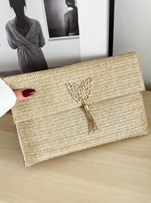 1-Piece Straw Bag With Flap And Bow Decoration Small Bag For Women, Suitable For Daily Shopping And Dating, Fashionable Hand-Held Envelope Bag For Women