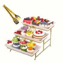 White Tiered Serving Stand + Tong, 3 Plastic Tray With Metal Stand For Cupcakes, Donuts, Fruits - Tiered Tray Stand For Tea Party, Party Food Display, Wedding Scene(Golden) - Giá đựng đồ tráng miệng. Đĩa trắng vàng giá đựng ba lớp + kẹp gắp đồ tráng miệng - Xem 9