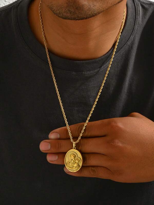 1pc Retro 18K Gold Plated Stainless Steel Twist Chain Necklace + Oval Virgin Mary Holding Jesus Pendant, Religious Figure Element Fashion Unisex Stainless Steel Gold Plated Necklace