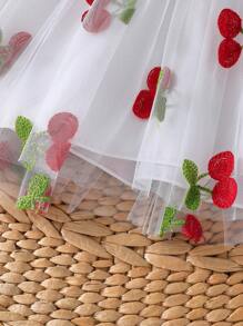 Baby Girl Cute Fruit Embroidery Splice Mesh Ruffle Sleeve Casual Dress For Summer