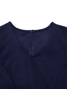 Solid V-Neck Cinched Waist Fitted Jumpsuit With Belt - Navy Blue - View 6