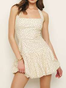 Women Sleeveless Mini Dress Casual Summer Bubble Hem Backless Halter Neck Party Dress For Beach Club Streetwear - 白色 - 查看 4