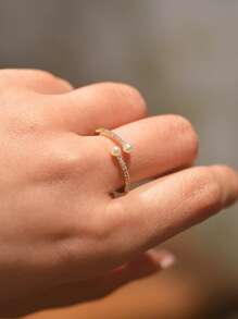 1pc Small Pearl Micro CZ Gold Bypass Ring, Dainty Cubic Zirconia Pearls Bypass Open Adjustable Rings For Women Gold Jewelry