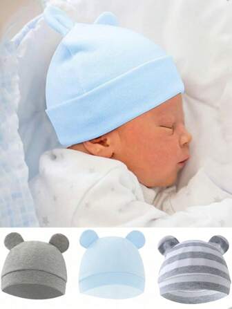 3Pcs Newborn Baby Bear Ear Hat No Scratch Infant Beanie Hospital Hat For Boy Girl