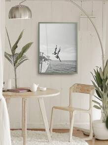 1 张 80 年代复古黑白海报、黑白海滩帆布壁画、夏日海洋、跳跃帆船游艇海报、女孩房间墙壁装饰、海滩爱好者生活方式墙壁装饰，无框架 - 淺灰色 - 查看 5