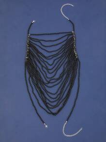 1pc Handmade Multilayered Faux Pearl Elegant Necklace Suitable For Party, Bikini Top, Beach Cover-Up And All-Season Wear, Adjustable Length Shoulder & Body Chain - Black - View 7