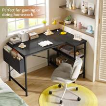 EnHomee 40 Inch Small L Shaped Desk With Storage Shelves, Power Outlets & Side Bag, Reversible X-Shaped Support For Home Office Bedroom Decor - 黑色 - 查看 6