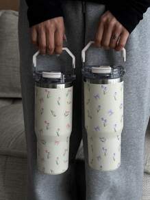 1pc 30oz Butterfly & Tulip Pattern Double Wall Stainless Steel Insulated Tumbler, Flat Bottom Cup, Coffee Cup, Car Cup, Water Bottle, Outdoor Mug, Tea With Unique Lid Design, Suitable For Outdoor, Office, Home, School, Car And Other Scenarios, Birthday, Holiday, Mother's Day, Father's Day, Back To School, Valentine's Day Gift Back To School - Multicolor - View 5