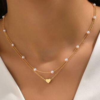 1pc Heart-Shaped Pearl Pendant Necklace Set, Suitable For Daily Wear And Parties, Gift