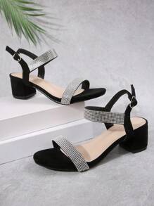 European And American Style Women Silver Sequins Buckle Strap High Heel Sandals, Chunky Mid-Heel Square Toe Comfortable Soft Bottom Non-Slip Daily Casual Suede High Heels