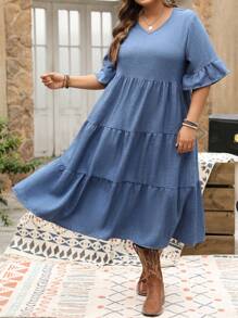 Plus Size Women's Versatile Casual Vacation Fashion Elegant Ruffle V-Neck Music Festival Long Dress - Blue - View 2