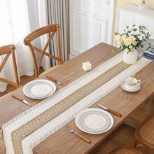 1pc Bohemian Style Table Runner, Elegant Cream And Brown Crochet Tassel Trim Table Runner, Handmade Farmhouse Lace Table Decor, Suitable For Home, Dining Room, Living Room, Bedroom, Party Decoration Birthday Decorations Party Decorations Bachelorette Wedding Summer Gifts Beach Back To School School Supplies Room Decor
