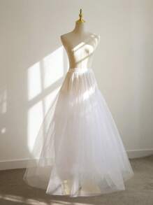 4 层衬裙，新娘自然蓬松洛丽塔裙，无骨柔软网眼衬裙，隐形，A 字延长角色扮演配饰女士秋季服装 - 白色 - 查看 1