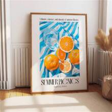 1pc Citrus And Blue Patterns Art Poster - Summer Picnics In Naples - Italian Art Wall Decor Unframed - Multicolor - View 1
