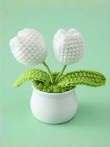1pc/2pcs 2 Flower Heads (White), DIY Handmade Mini Potted Plant, Crochet Tulip, Mother's Day Gift, Home, Office, Desktop, Wedding, Birthday, Holiday Decor, Christmas & New Year Gift, For Boyfriend/Girlfriend/Father Gifts Graduation