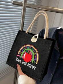 1 pièce Sac à main en lin imprimé floral avec lettrage enseignant, cadeau pour enseignants, sac cadeau à motif lune et étoile, sac de courses portable et pliable, sac de rangement léger, sac de courses simple, sac de rangement pour infirmière, médecin, enseignant, cadeau pour mère, maquillage de voyage personnel, sac de courses, grand espace de rangement, toujours les meilleurs cadeaux de la Saint-Valentin