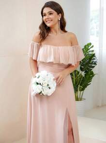 EVERPRETTY Plus Size Elegant Solid Color Off Shoulder Split Bridesmaid Dress - Pink - View 5