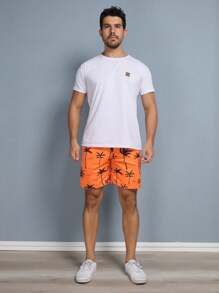 Men's Beach Shorts With Tree Print And Pocket - Orange - View 3