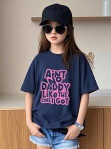 1pc Tween Girl Casual Printed Short Sleeve T-Shirt, Comfortable & Fashionable Student Wear, Summer Top - Navy Blue - View 7