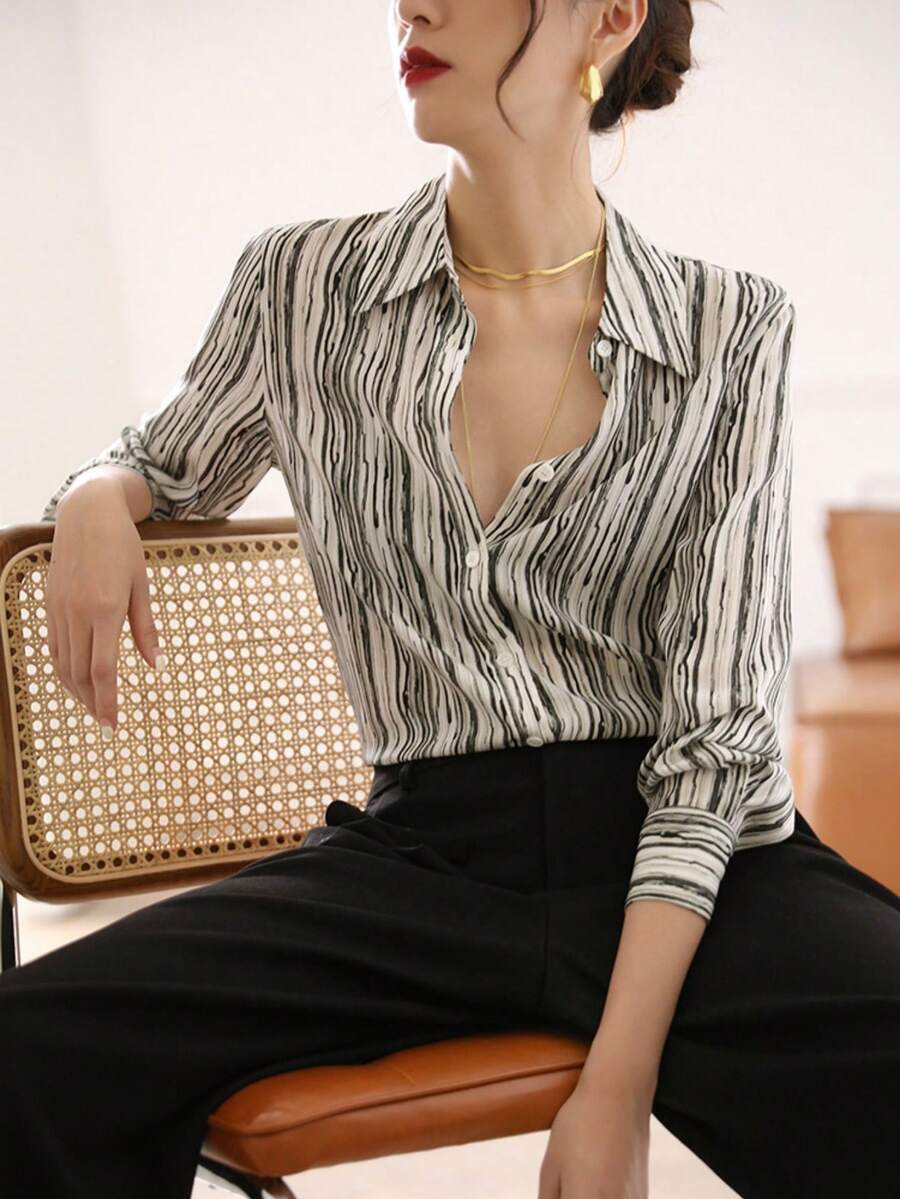 YUXIN 新款春夏秋季女士翻领长袖衬衫，复古港风条纹修身衬衫