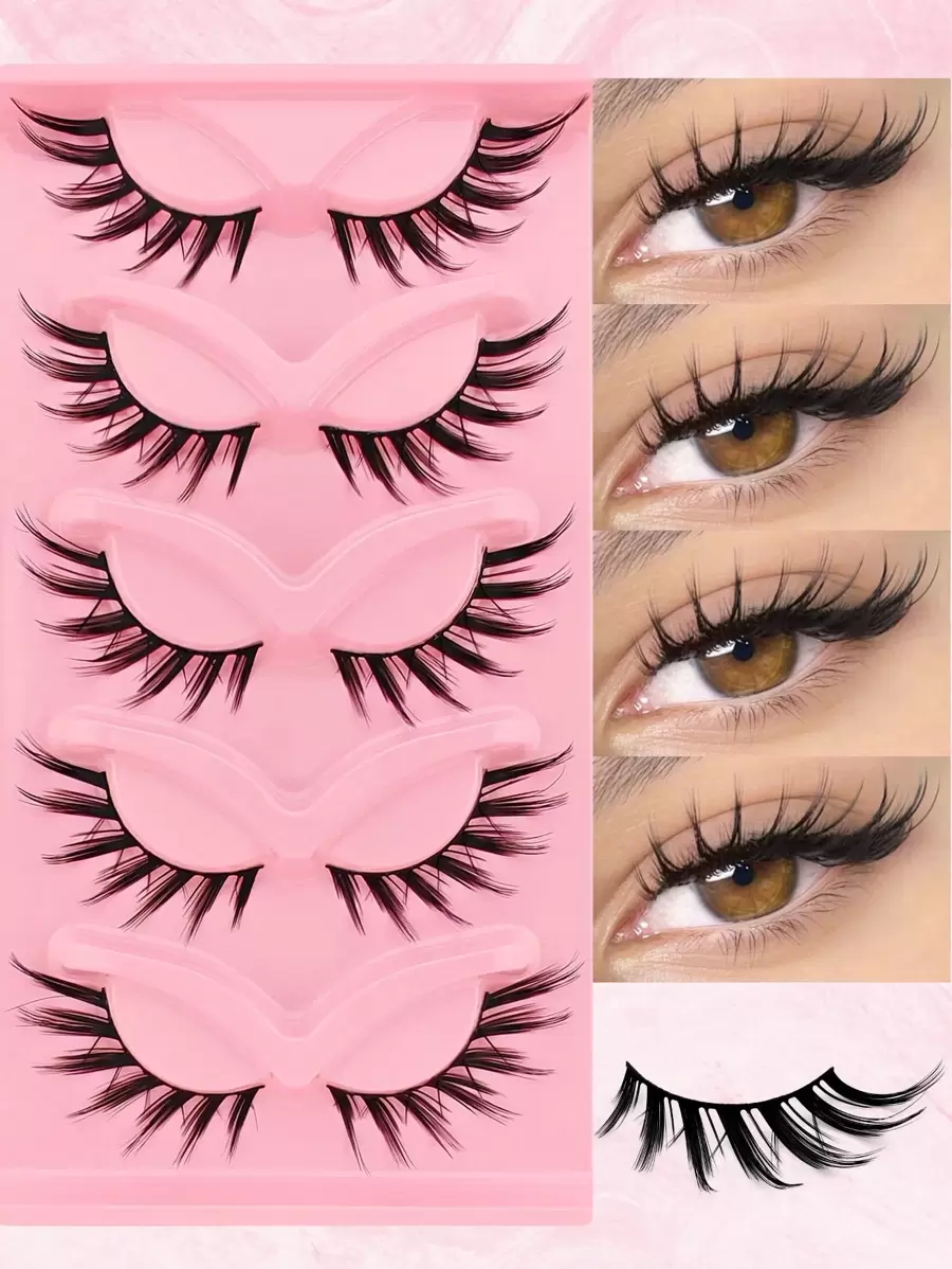 5 Pairs Spikey Manga Lashes Anime False Eyelashes Wet Look Cat Eye Lashes Cartoon Eyelashes Dramatic Fake Lashes Wet Wispy Winged Manga Eyelashes Fox Eye Lashes Japanese Cosplay, Dense Pointed Thailand-Style Lashes Makeup Tool - 黑色 - 查看 1