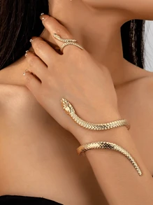 1 Set Snake Shaped Bracelet & Ring Set, Snake Design Bracelet & Ring Gift Set For Women - Gold - View 2