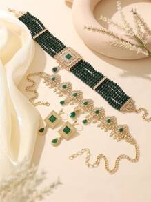 摩洛哥风格女士首饰套装，包含发带、项链和耳环，共3件，复古宫廷风格，适合新娘、婚礼、节日礼物和情人节配饰。