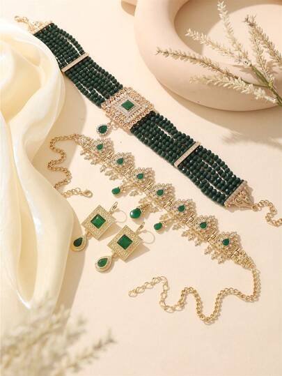 摩洛哥风格女士首饰套装，包含发带、项链和耳环，共3件，复古宫廷风格，适合新娘、婚礼、节日礼物和情人节配饰。