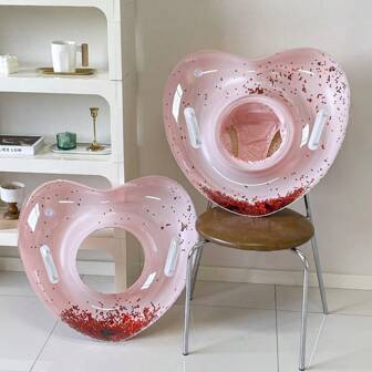 1 件 INS 粉色心形泳池浮圈，带手柄、亮片装饰、泡沫袋座圈