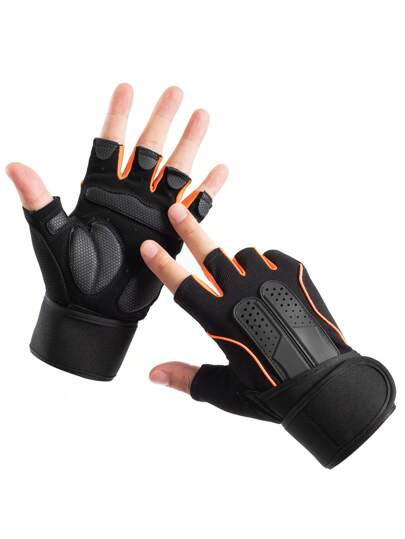 1pair Fitness Anti-Slip Grip Weightlifting Half Finger Long Wrist Support Gloves,Suitable For Cycling,Riding Motorcycle And Skiing,Black Gloves