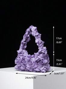 3D Rose Flower Shoulder Bag, Tote Bag For Ladies, Elegant Bag For Women, Clutch Bag, Wedding Items, Women's Party Dress, Birthday Bag, Bridal Bag (Pattern Random) - Purple - View 7
