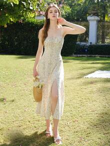 Áo hai dây họa tiết hoa nhí dành cho nữ, kiểu dáng tối giản, thích hợp cho kỳ nghỉ hè, thanh lịch. - Màu be - Xem 2