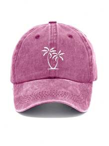 1pc Unisex Washed Denim Baseball Cap With Coconut Tree Distressed Print, Vintage Streetwear Style, Suitable For Casual Wear, Travel And All Seasons - Multicolor - View 2