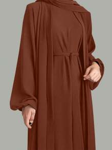 2pcs Women Solid Color Comfortable Casual Loose Cardigan + Sleeveless Robe Set, Arabic Abaya Robe With Belt - No Headscarf, Quick Ship - Coffee Brown - View 1