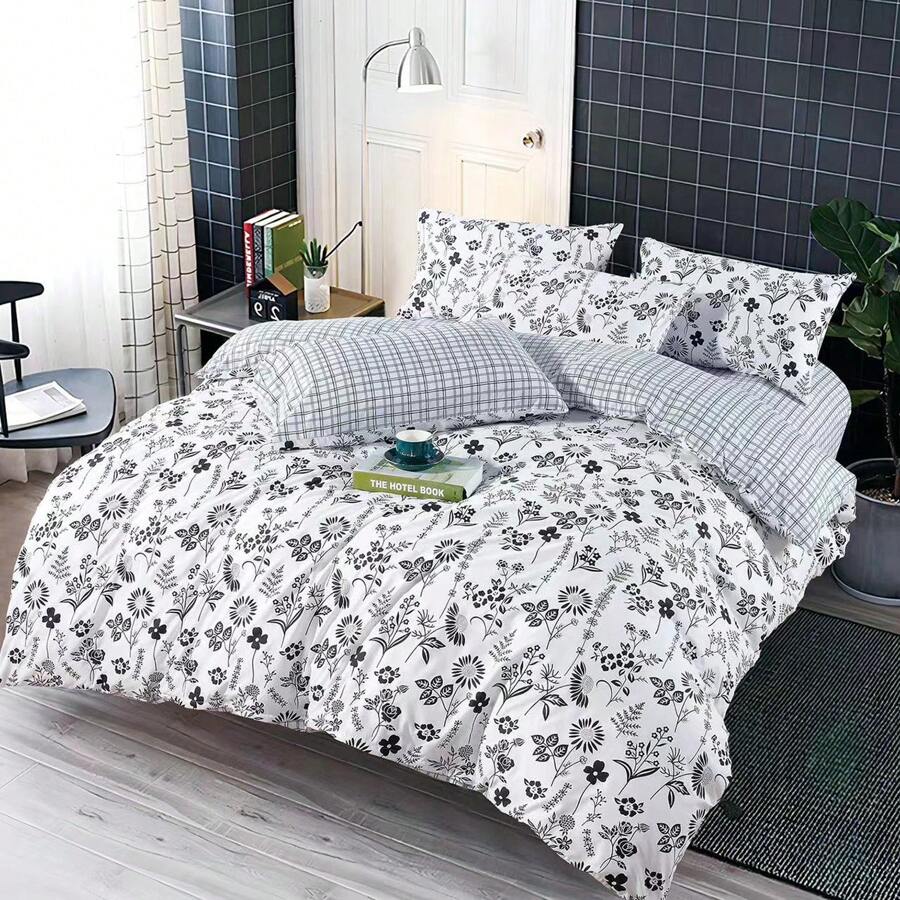 Conjunto de capa de edredom floral preto e branco de 3 peças (1 capa de edredom + 2 fronhas) Estilo sóbrio adequado para quarto e todas as estações 160*200/200*220 várias especificações disponíveis