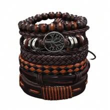 Set de 6 pulseras estilo bohemio en marrón, hechas a mano con cuentas de madera trenzadas y dije del árbol de la vida, joyería ajustable para parejas, hombres y mujeres, regalos apilables de estilo natural para festivales