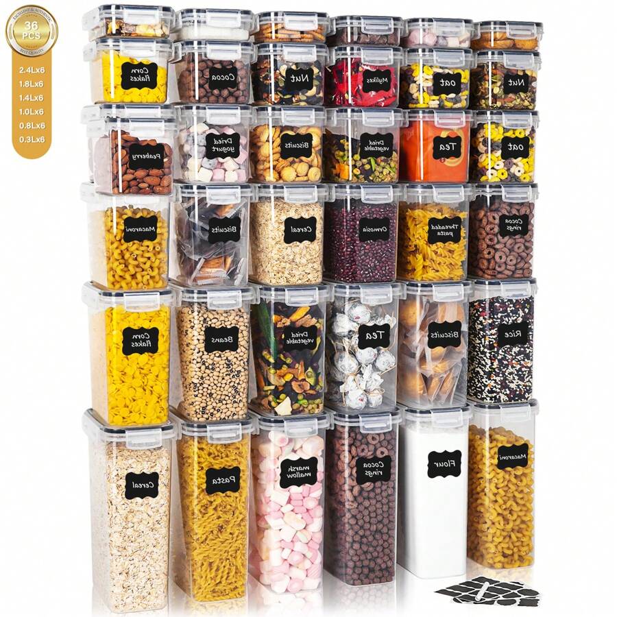 THELIFE 8/9/12/18/24/36pcs Airtight Food Storage Containers Set With Lids, Plastic Dry Food Canisters For Kitchen Pantry Organization And Storage, Dishwasher Safe, Include Labels, Black